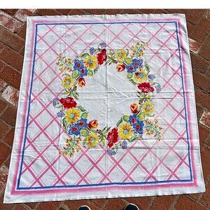 Vintage 50's Floral Picnic Tablecloth Cotton 48"x 44"
